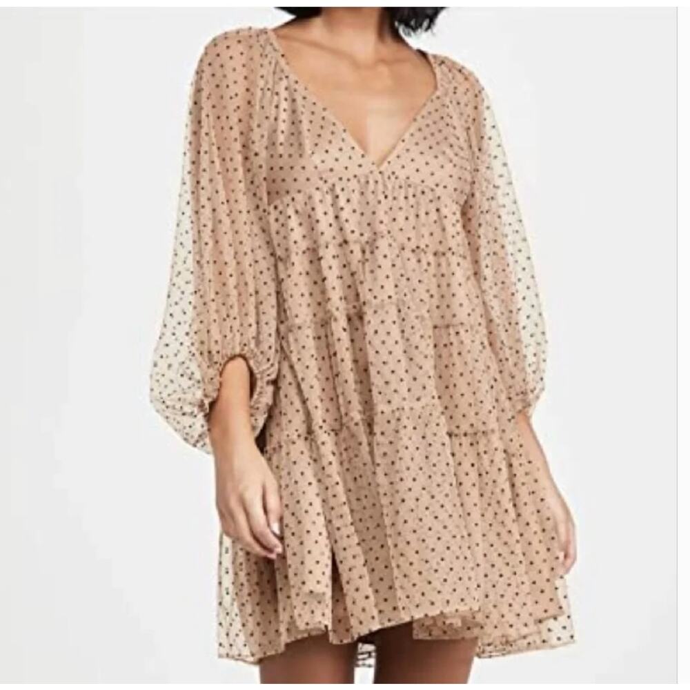 Storia Polka Dot Ruffle Mini Dress Tan Black Sheer Boho NWT Womens S